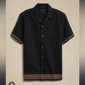 Men’s Banana Republic Linen-Blend Embroidered Shirt Black medium m